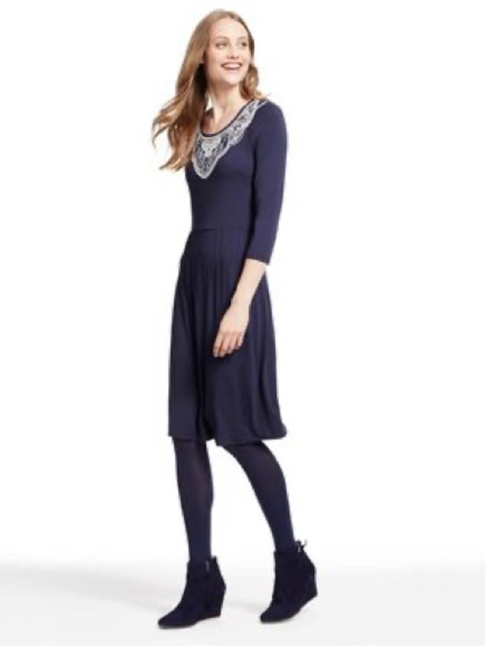 Boden Navy Midi Dress with Contrast Embroidered Yoke